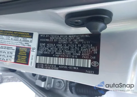 2012 Toyota Camry Le z USA, uszkodzony, nr VIN 4T4BF1FK7CR173616